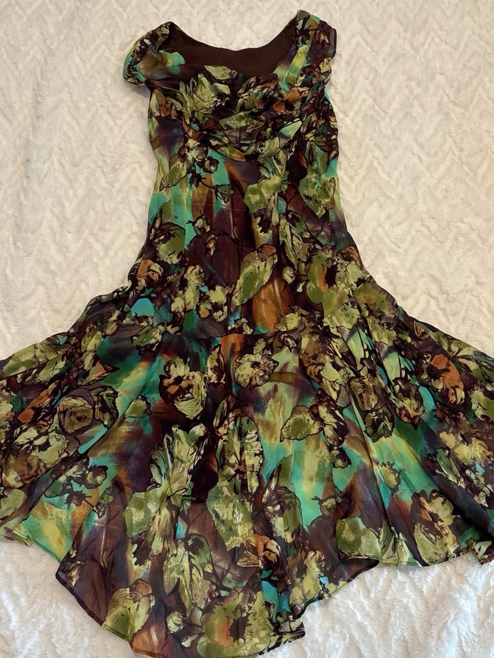 Lily Multicolor Green & Brown Floral Asymmetrical Dress